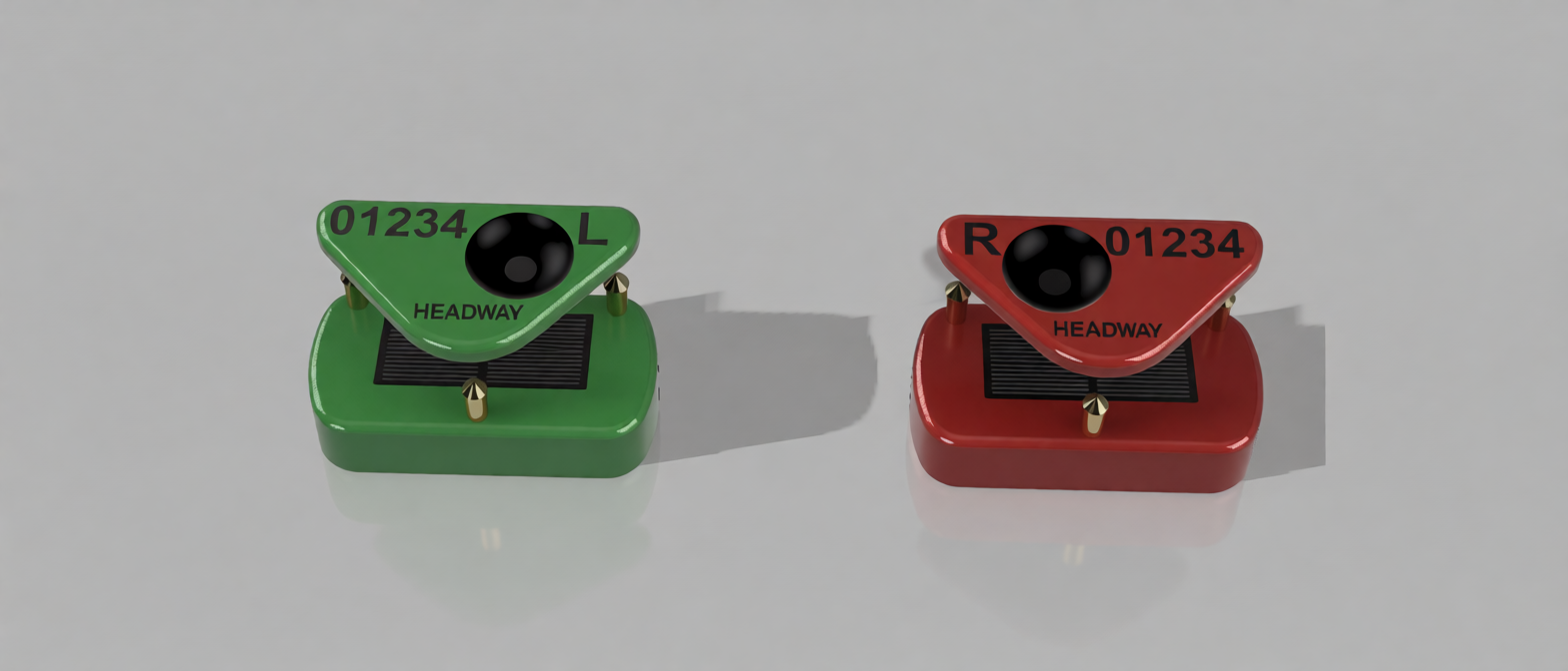 Headway Ag twin ear-tag modules, left and right, studio render